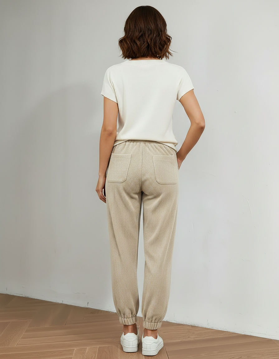 Pantalon Velours Côtelé Beige Ample Décontracté Cordon - Cordé - vue 2