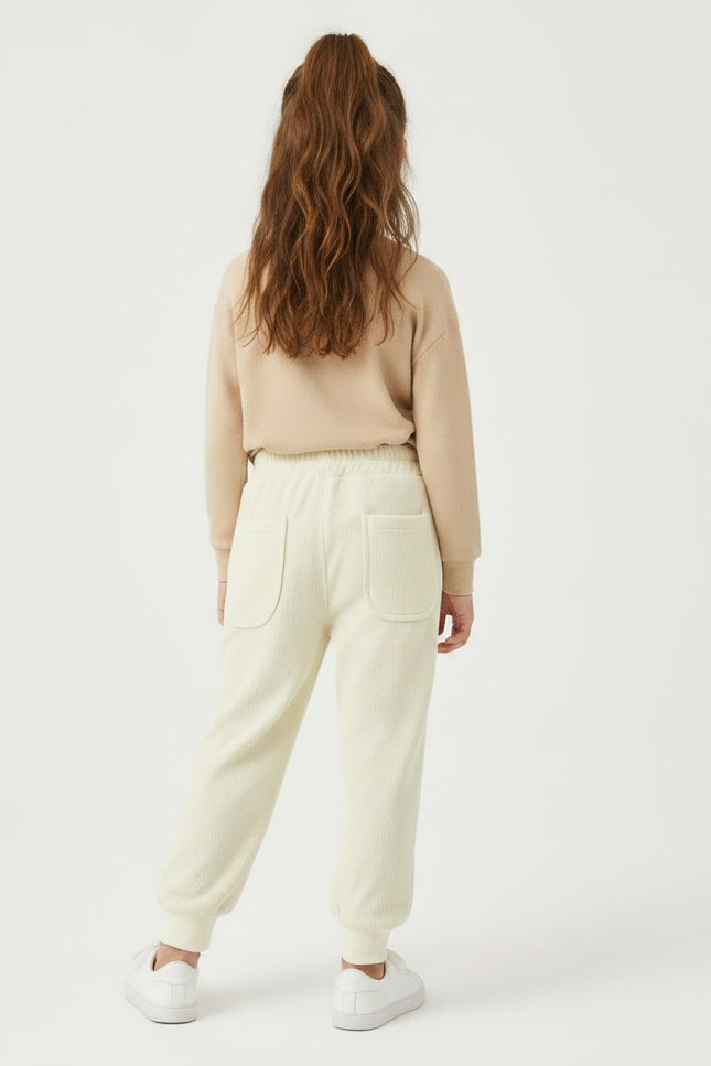 Pantalon Velours Crème Côtelé Ample Élastique Enfant - Beige Cordé - vue 2