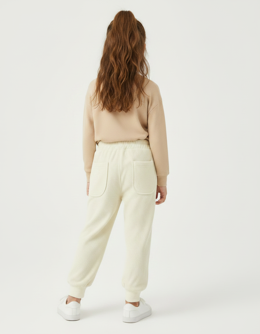 Pantalon Velours Crème Côtelé Ample Élastique Enfant - Beige Cordé - vue 2