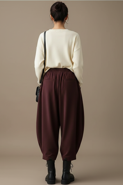 Pantalon Velours Marron Ample Décontracté Harem Femme - Bordeaux - vue 2