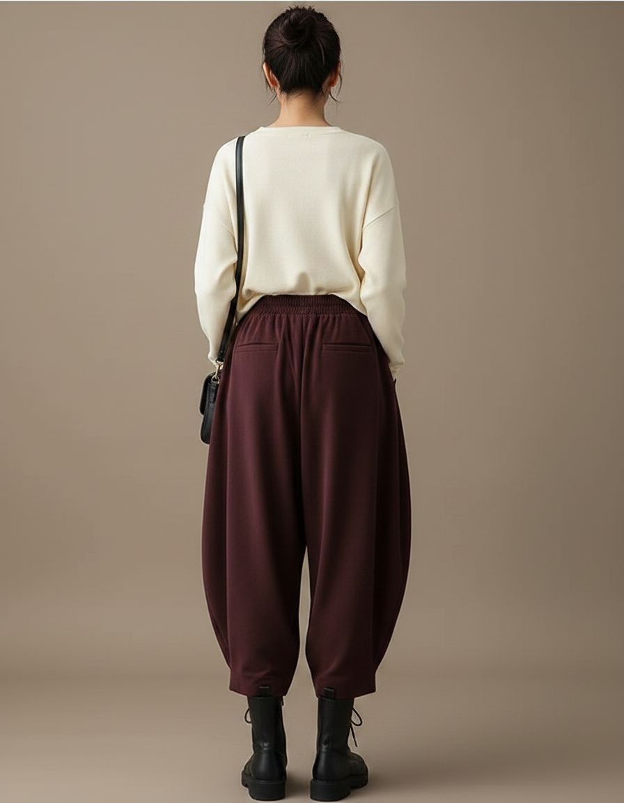 Pantalon Velours Marron Ample Décontracté Harem Femme - Bordeaux - vue 2