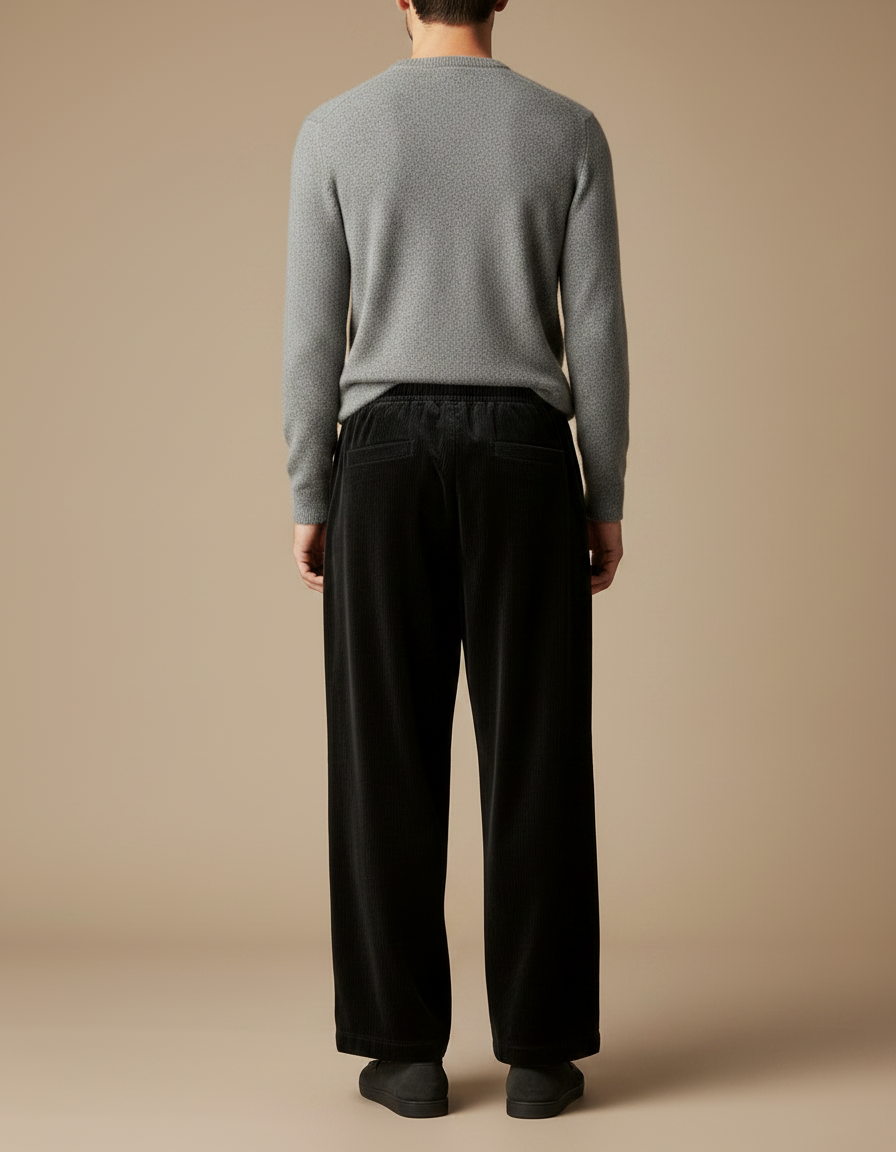 Pantalon Velours Noir Côtelé Ample Élastique Homme - Cordé - vue 2