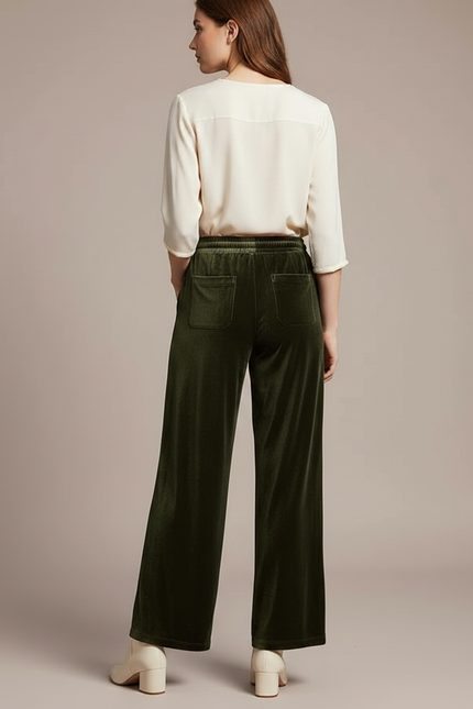 Pantalon Velours Vert Ample Droit Élégant Femme - vue 2