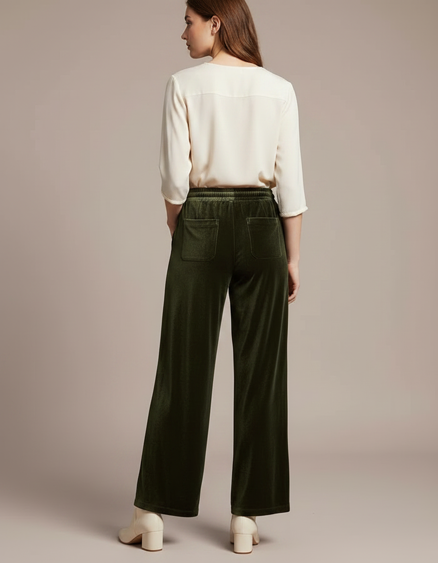 Pantalon Velours Vert Ample Droit Élégant Femme - vue 2