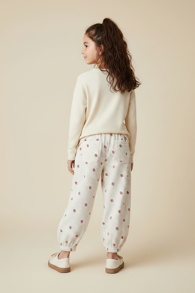 Pantalon Velours Écru Imprimé Fraises Ample Enfant - Beige Cordé - vue 2