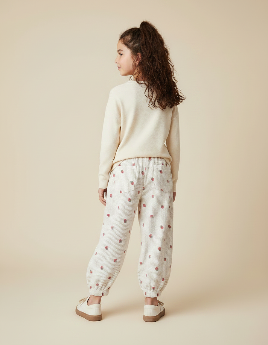 Pantalon Velours Écru Imprimé Fraises Ample Enfant - Beige Cordé - vue 2