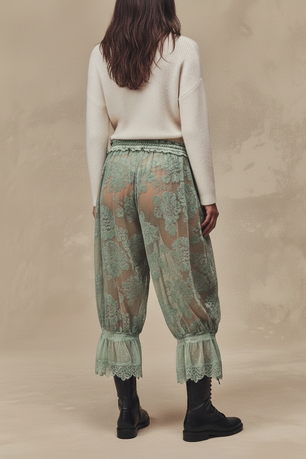 Pantalon Velours Vert Transparent Floral Dentelle Évasé - Polyester - vue 2