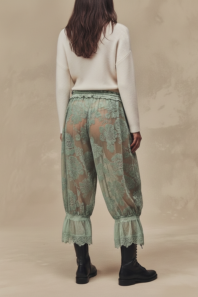 Pantalon Velours Vert Transparent Floral Dentelle Évasé - Polyester - vue 2