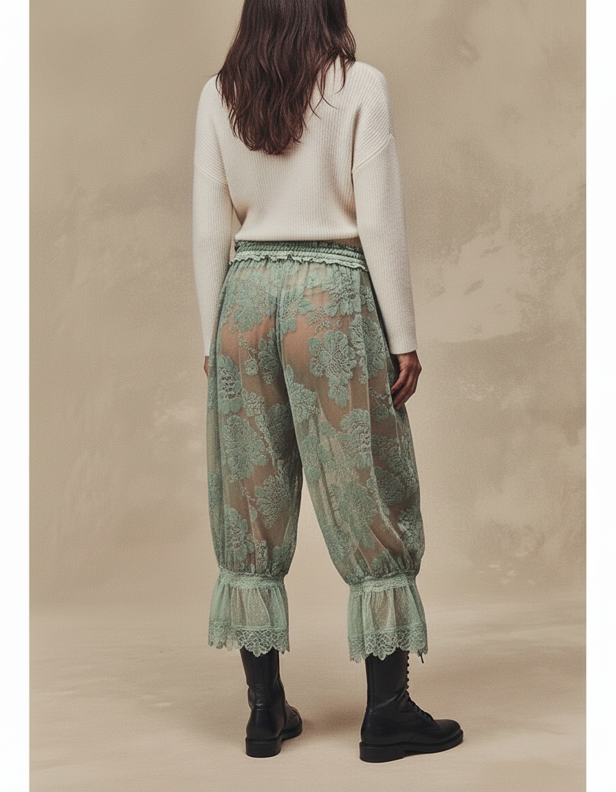 Pantalon Velours Vert Transparent Floral Dentelle Évasé - Polyester - vue 2