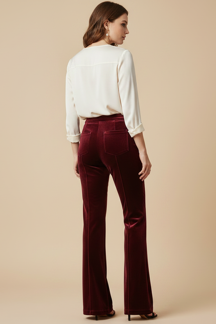 Pantalon Velours Bordeaux Évasé Taille Haute Élégant - vue 2