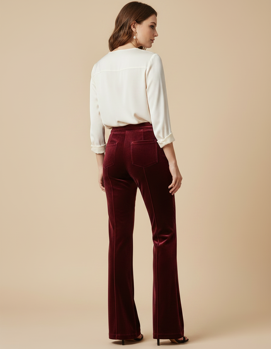 Pantalon Velours Bordeaux Évasé Taille Haute Élégant - vue 2