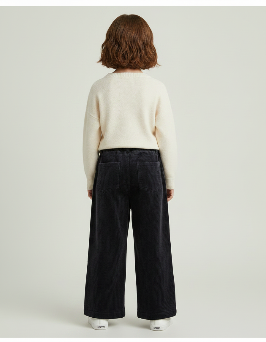 Pantalon Velours Côtelé Noir Ample Enfant Hiver - Cordé - vue 2