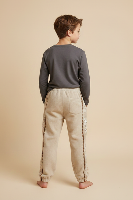 Pantalon Velours Beige Enfant Brodé Doux Hiver - Molleton - vue 2