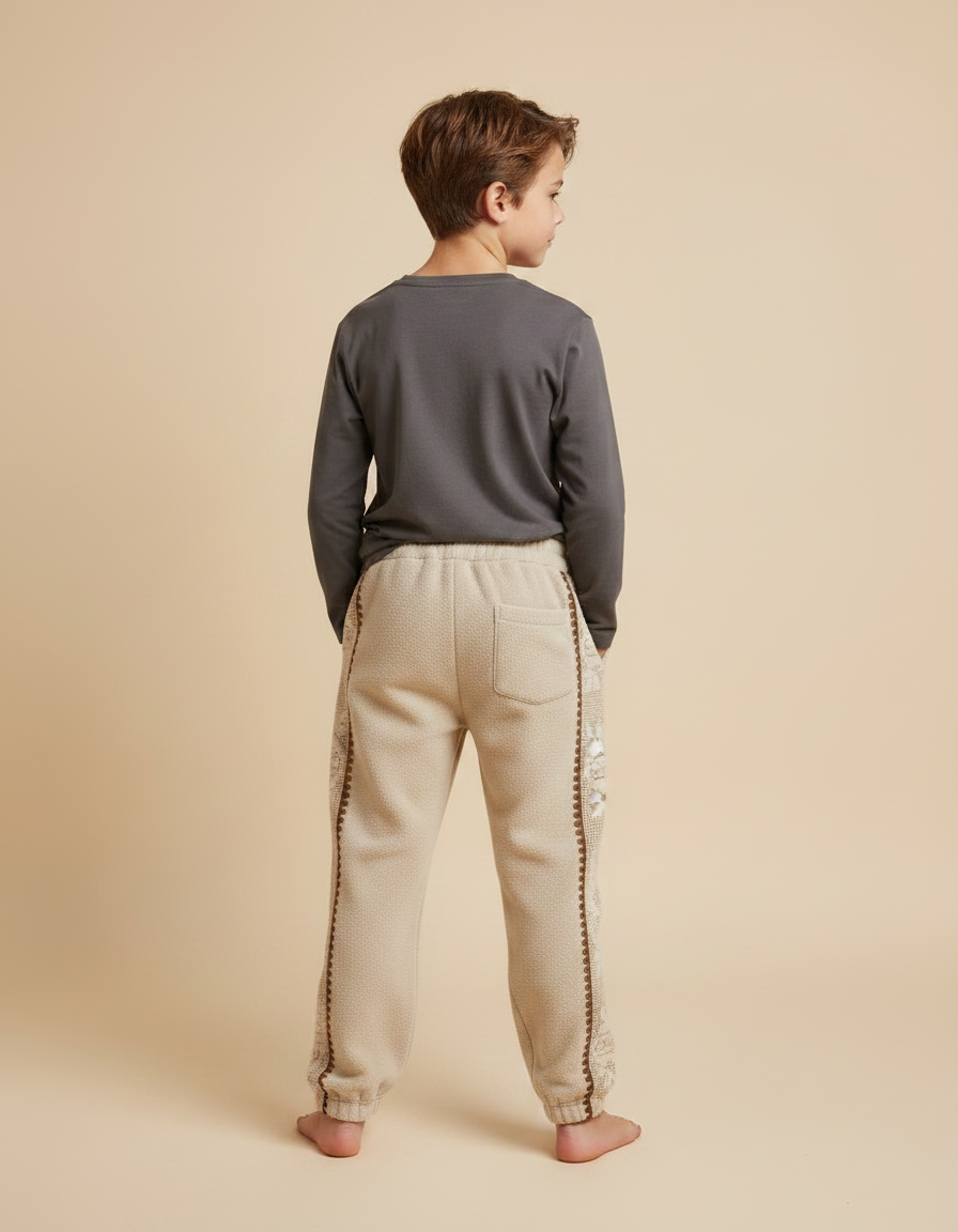 Pantalon Velours Beige Enfant Brodé Doux Hiver - Molleton - vue 2