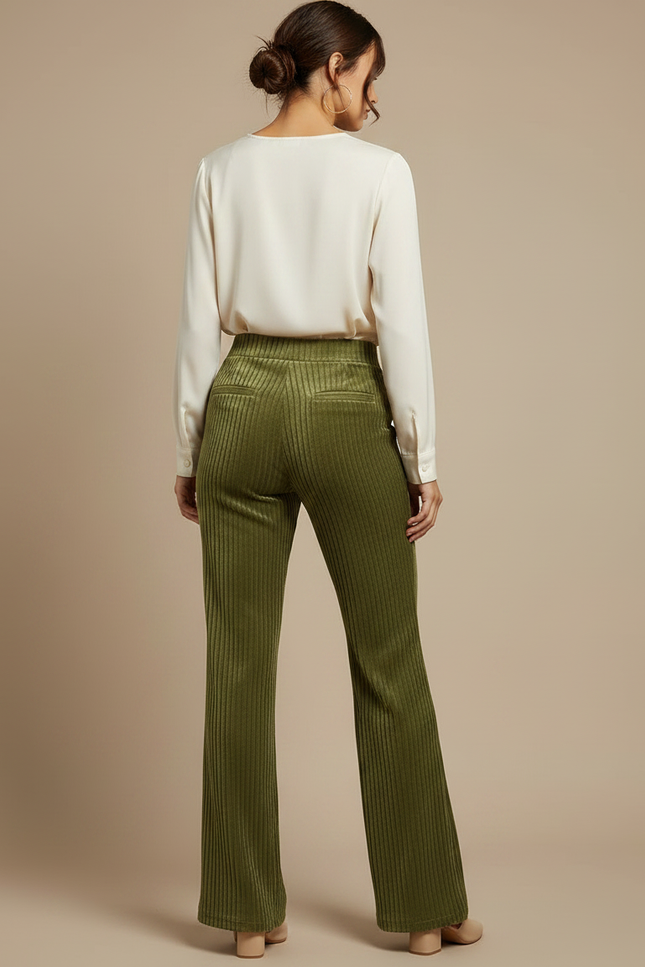 Pantalon Velours Côtelé Vert Taille Haute Évasé - Cordé - vue 2