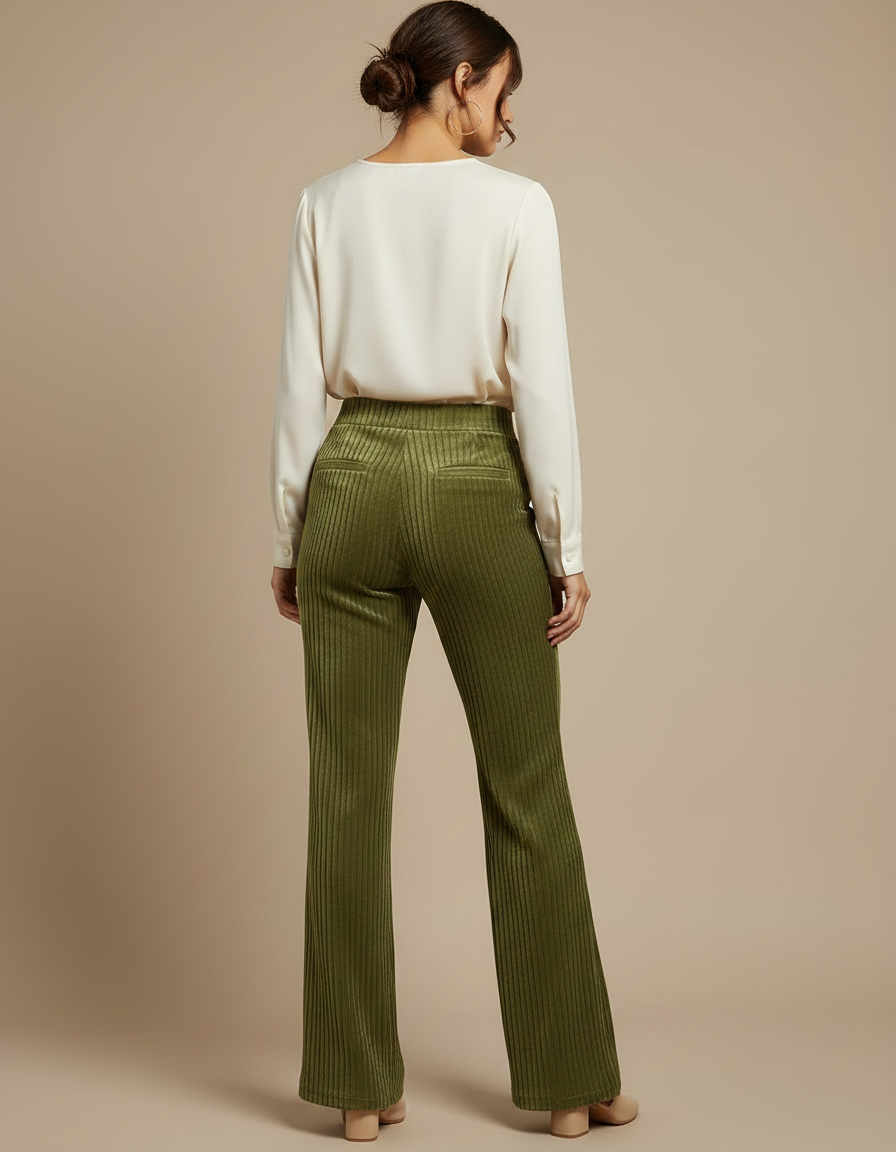 Pantalon Velours Côtelé Vert Taille Haute Évasé - Cordé - vue 2