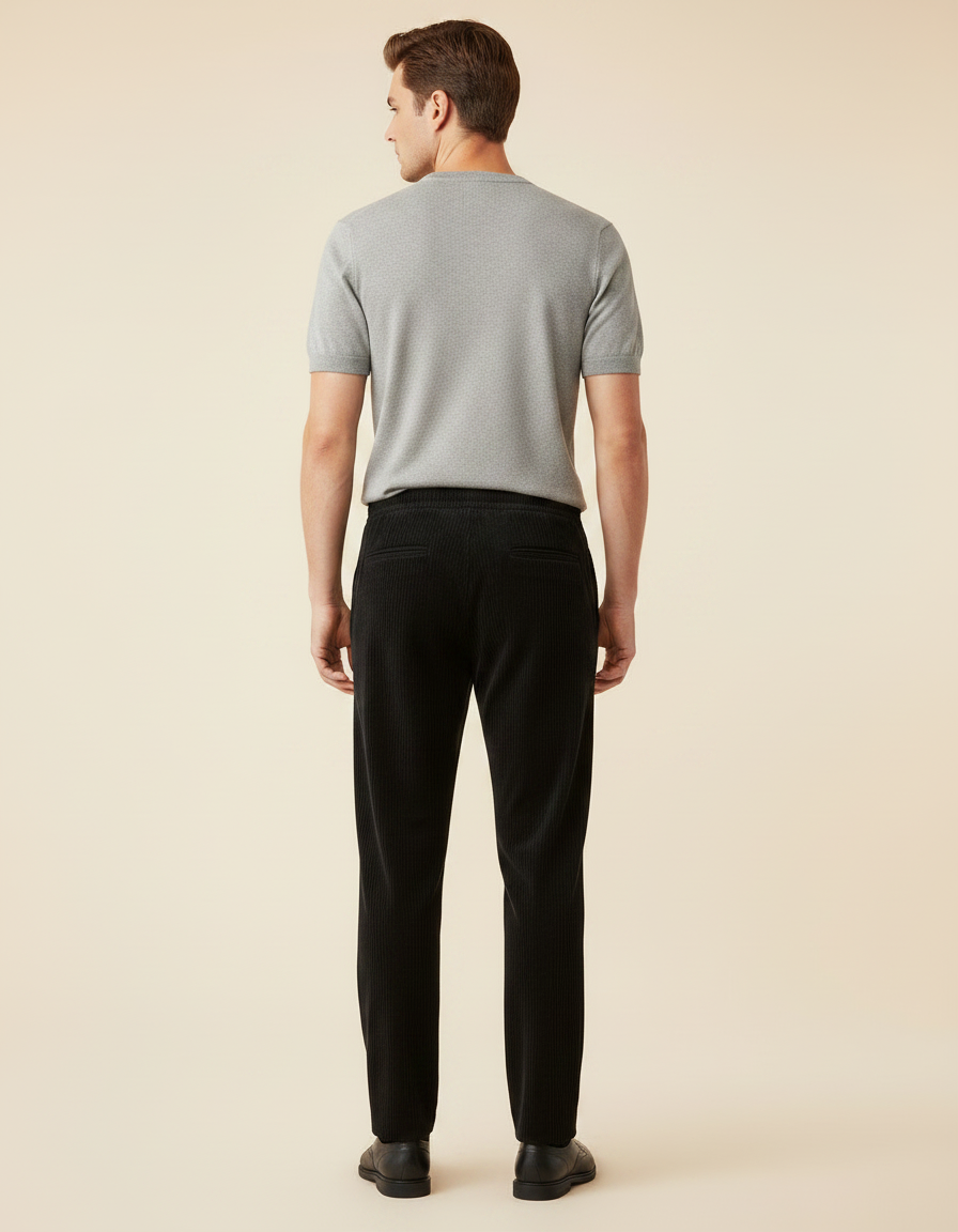 Pantalon Velours Noir Plissé Fluide Décontracté Homme - Cordé - vue 2