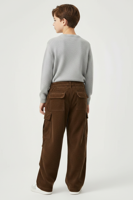 Pantalon Velours Marron Côtelé Cargo Ample Enfant - vue 2