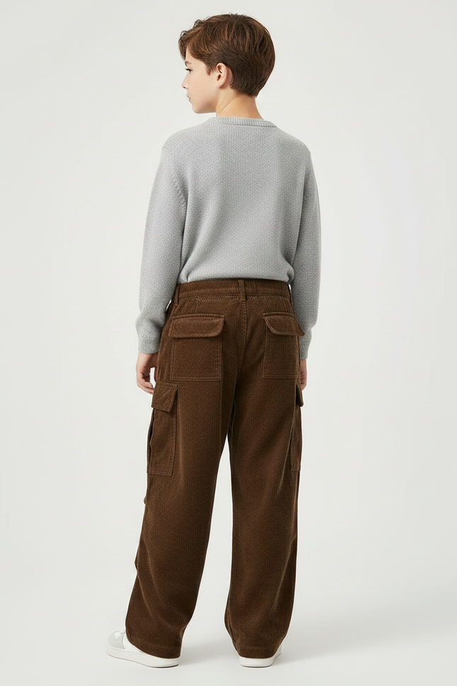 Pantalon Velours Marron Côtelé Cargo Ample Enfant - vue 2