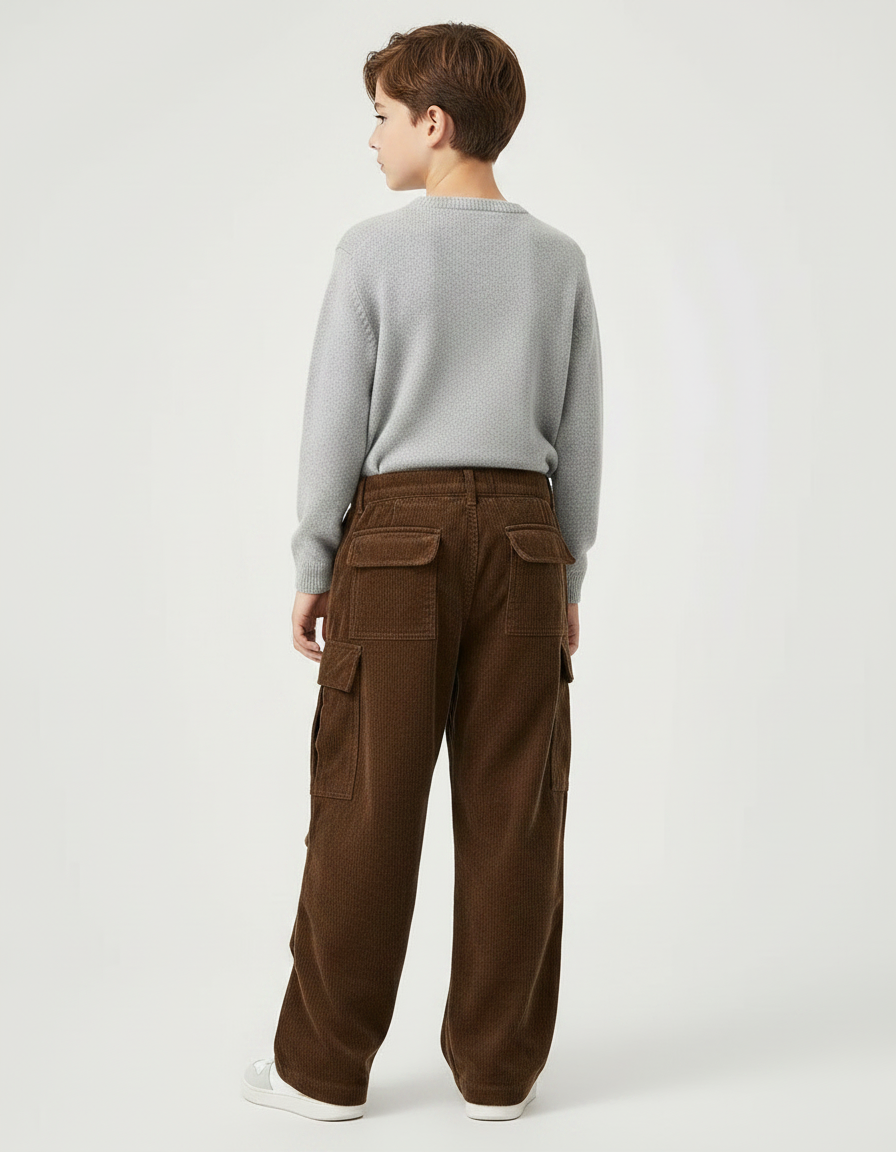 Pantalon Velours Marron Côtelé Cargo Ample Enfant - vue 2