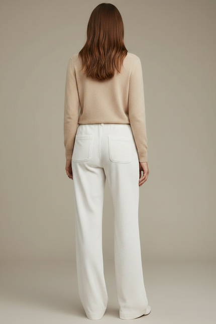 Pantalon Velours Côtelé Écru Ample Décontracté Femme - Blanc Cordé - vue 2