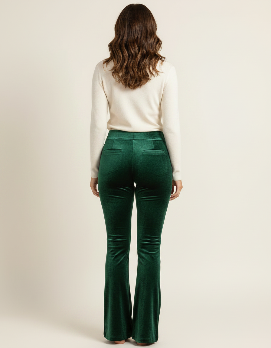 Pantalon Velours Vert Émeraude Évasé Confortable Femme - vue 2