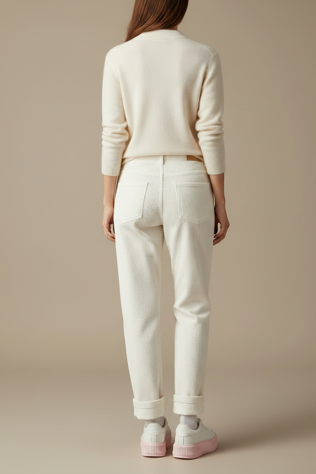 Pantalon Mom Velours Femme - Beige Cordé - vue 2