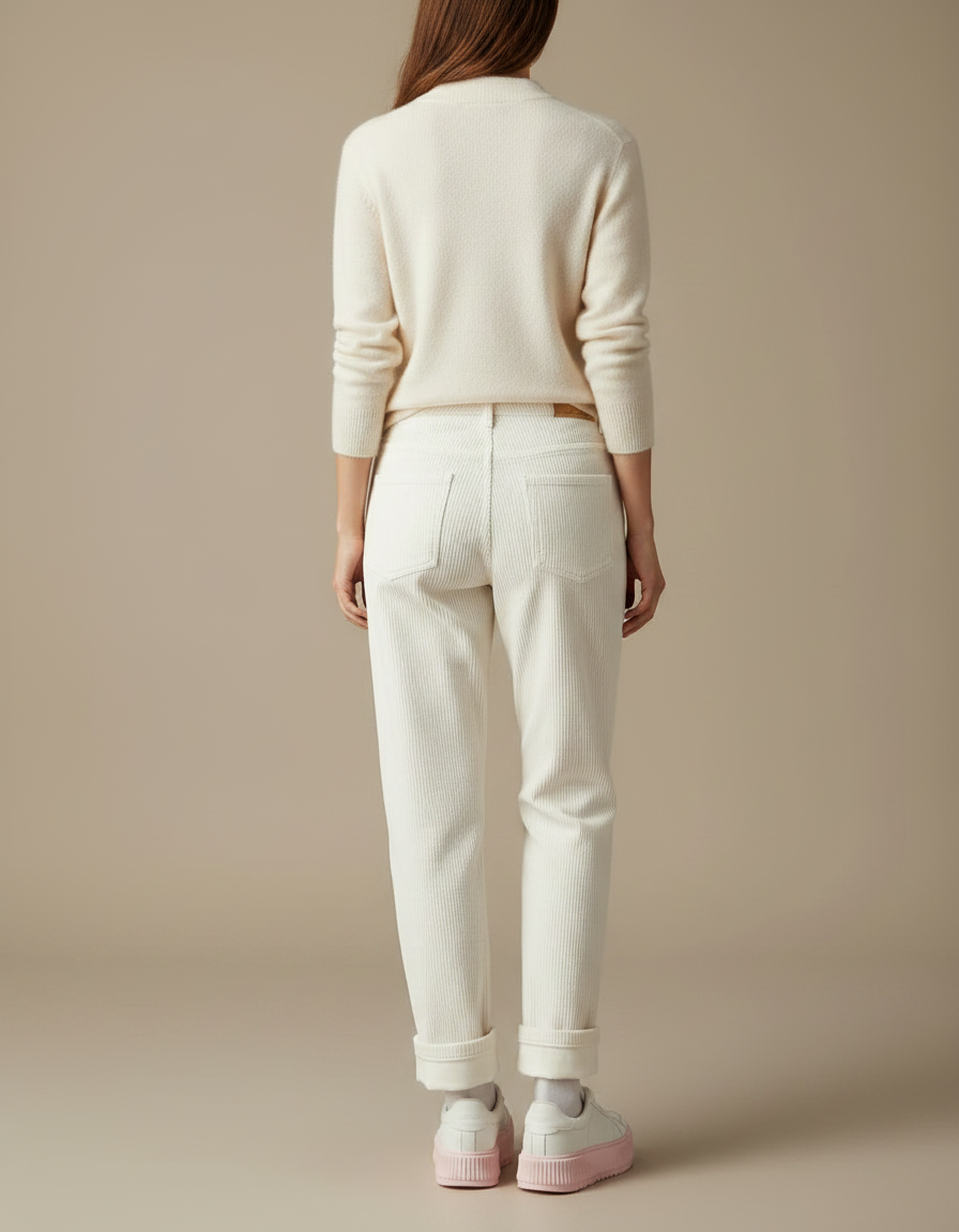 Pantalon Mom Velours Femme - Beige Cordé - vue 2