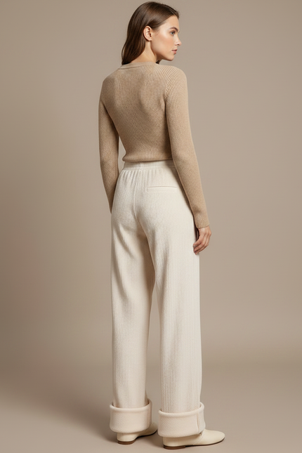 Pantalon Velours Crème Large Côtelé Hiver Femme - Beige Cordé - vue 2