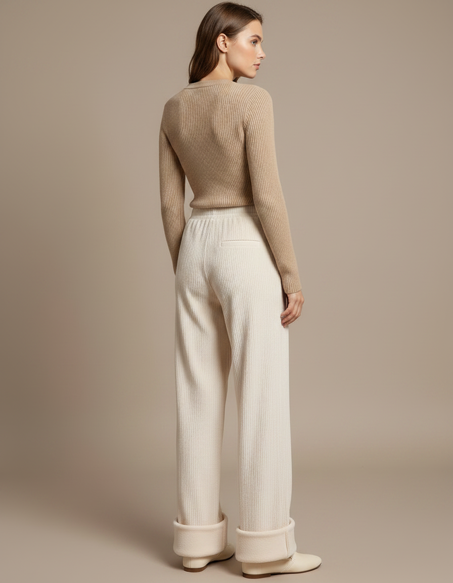 Pantalon Velours Crème Large Côtelé Hiver Femme - Beige Cordé - vue 2