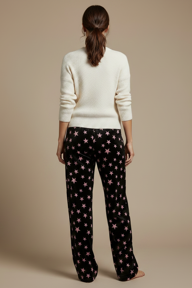 Pantalon Velours Noir Étoiles Roses Ample Femme - vue 2