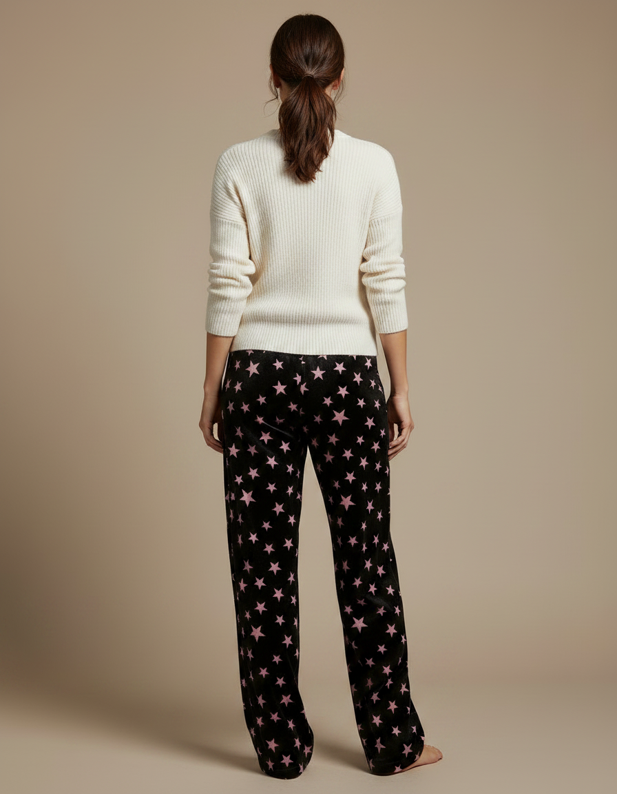 Pantalon Velours Noir Étoiles Roses Ample Femme - vue 2