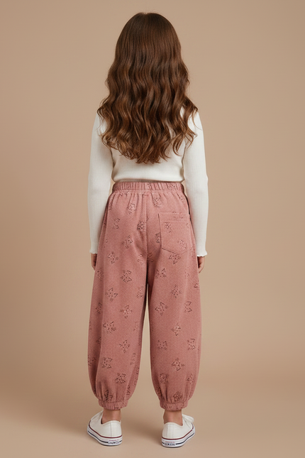 Pantalon Velours Rose Côtelé Ample Imprimé Fille - Cordé - vue 2