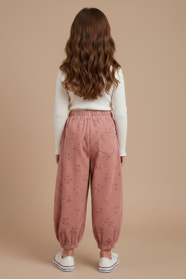 Pantalon Velours Rose Côtelé Ample Imprimé Fille - Cordé - vue 2