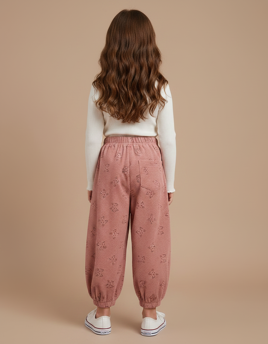 Pantalon Velours Rose Côtelé Ample Imprimé Fille - Cordé - vue 2