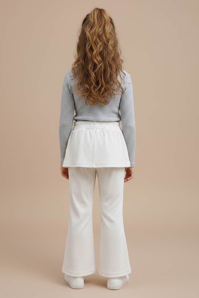 Pantalon Velours Crème Côtelé Ample Jupe Fleur Fille - Beige Cordé - vue 2