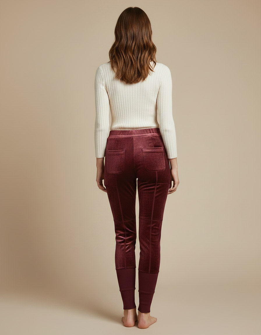Pantalon Velours Bordeaux Patchwork Confortable Femme - vue 2