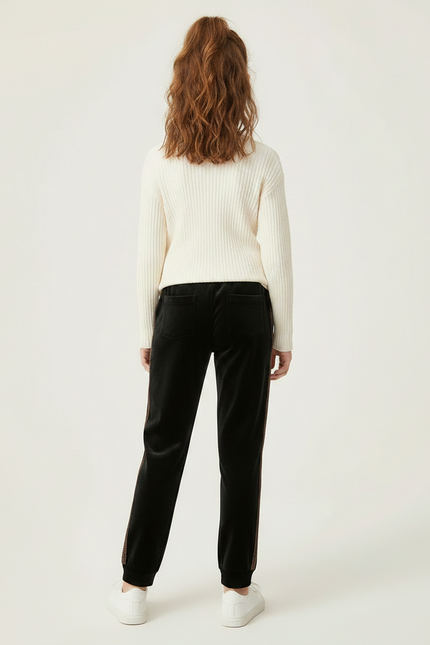 Pantalon Velours Noir Cordon Décontracté Bandes Latérales - vue 2