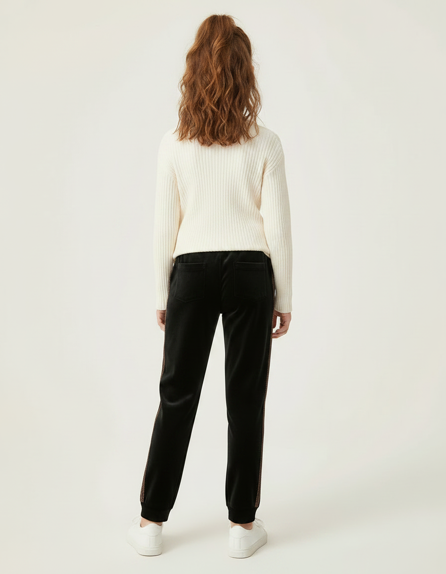 Pantalon Velours Noir Cordon Décontracté Bandes Latérales - vue 2