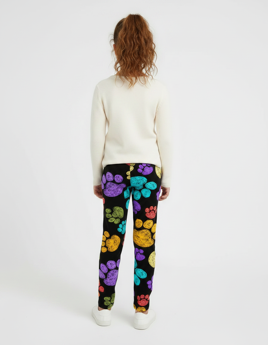 Pantalon Velours Noir Imprimé Pattes Colorées Fille - vue 2