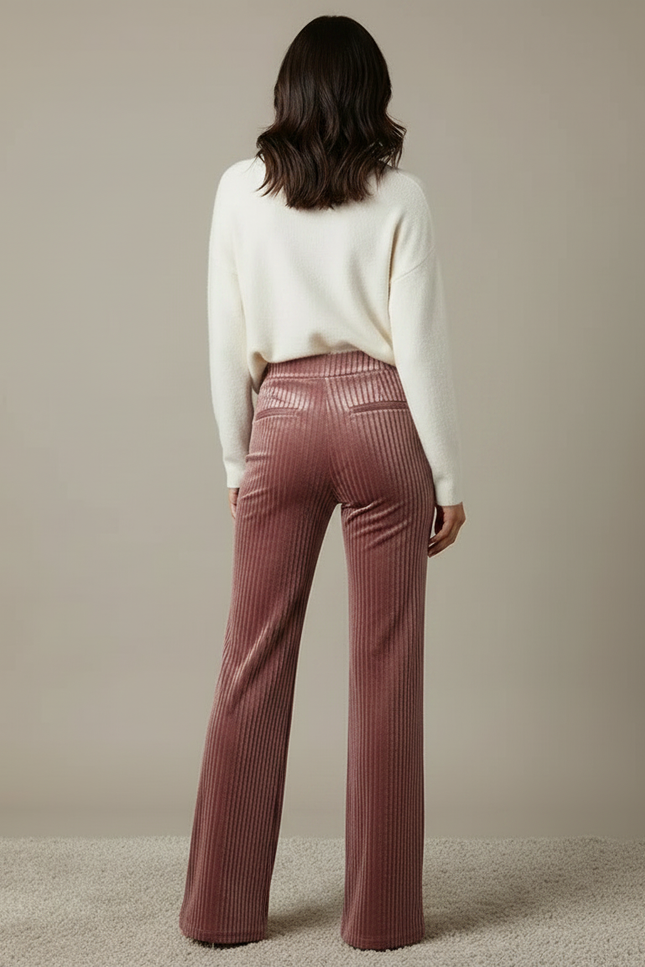 Pantalon Velours Rose Côtelé Taille Haute Évasé - vue 2