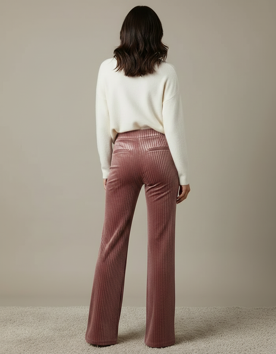 Pantalon Velours Rose Côtelé Taille Haute Évasé - vue 2