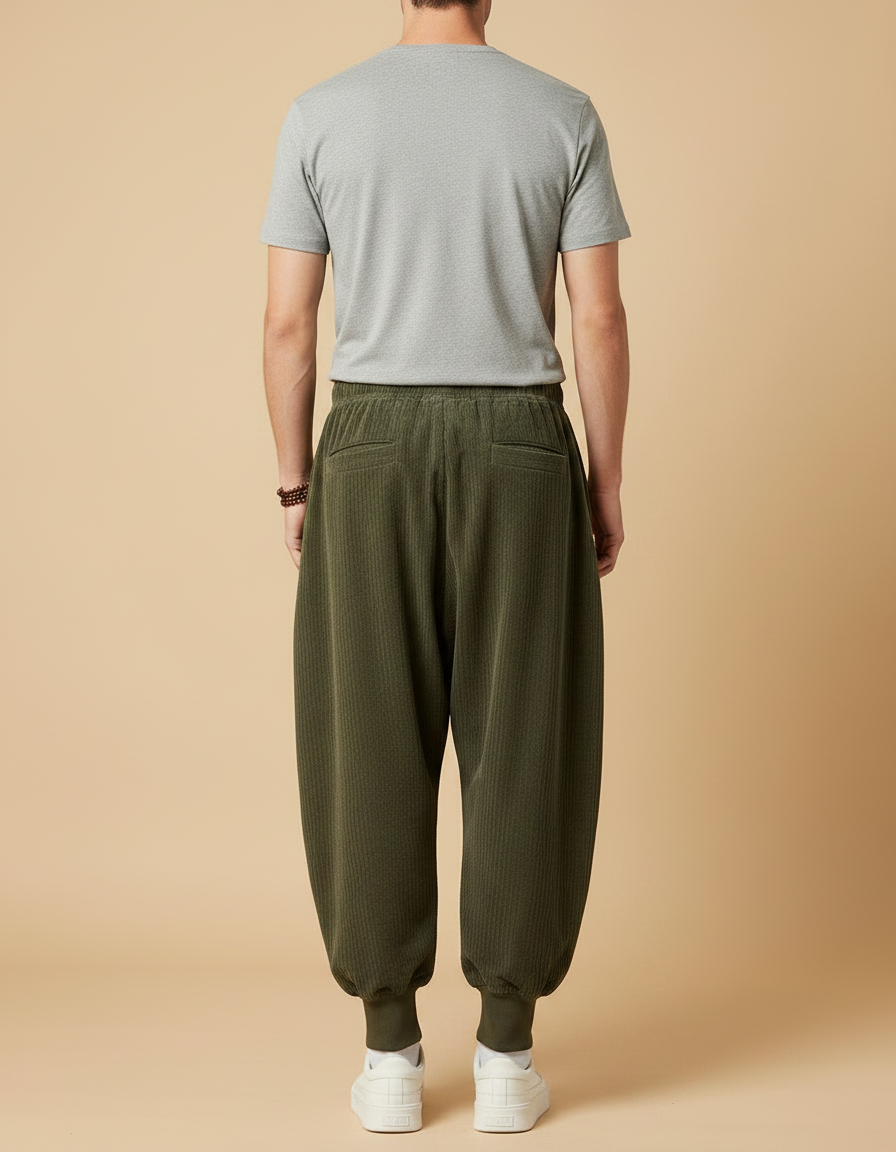 Pantalon Velours Côtelé Vert Ample Décontracté Harem - Cordé - vue 2