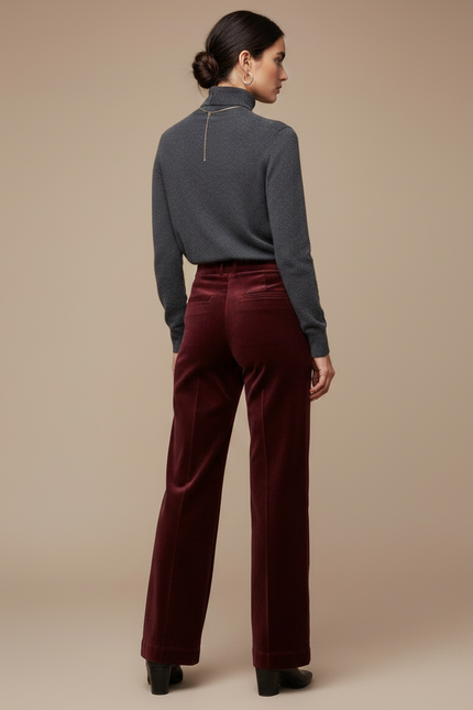 Pantalon Velours Bordeaux Coupe Droite Élégant Femme - Cordé - vue 2