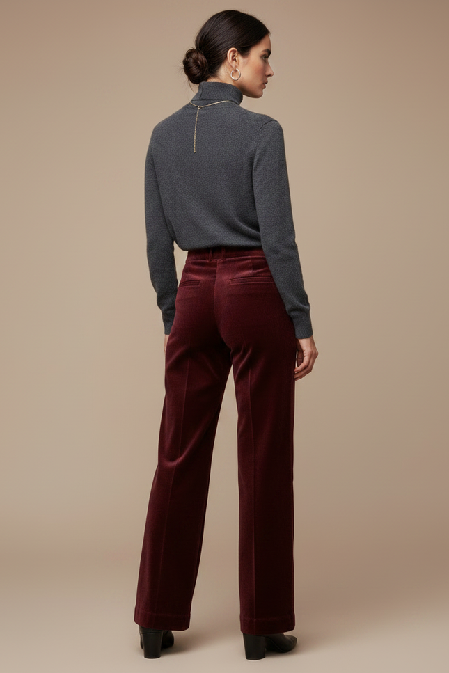 Pantalon Velours Bordeaux Coupe Droite Élégant Femme - Cordé - vue 2