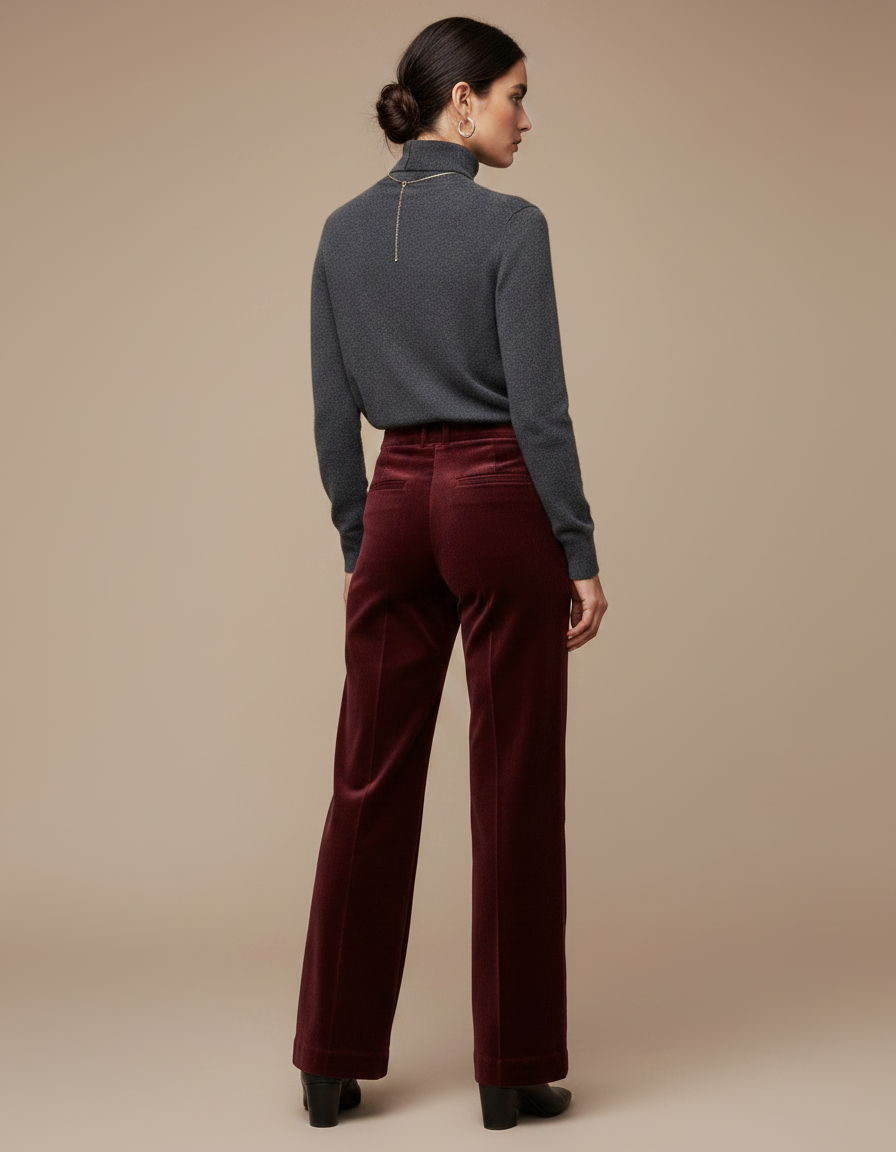 Pantalon Velours Bordeaux Coupe Droite Élégant Femme - Cordé - vue 2