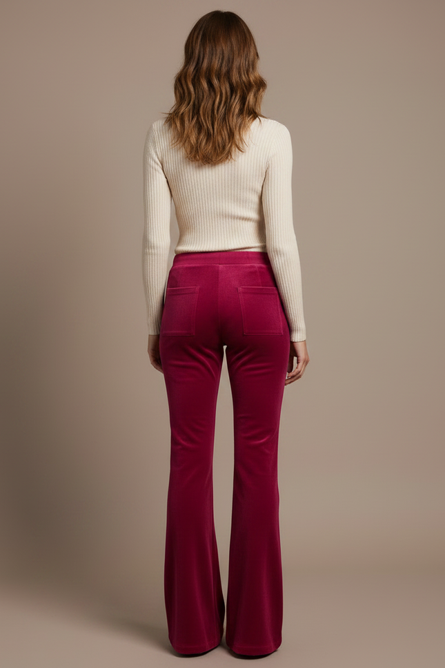 Pantalon Velours Fuschia Évasé Cordon Chic Femme - Rose - vue 2