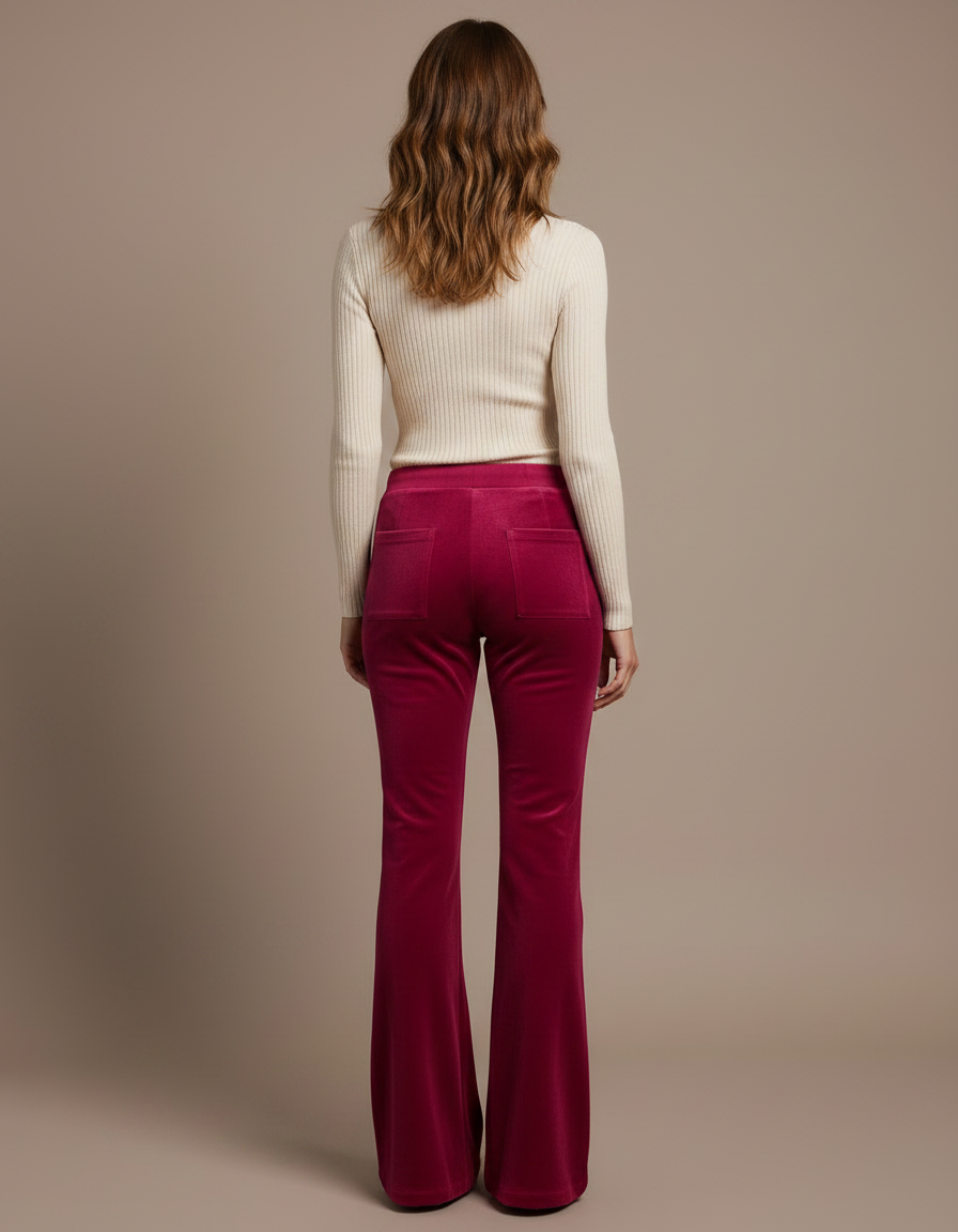 Pantalon Velours Fuschia Évasé Cordon Chic Femme - Rose - vue 2