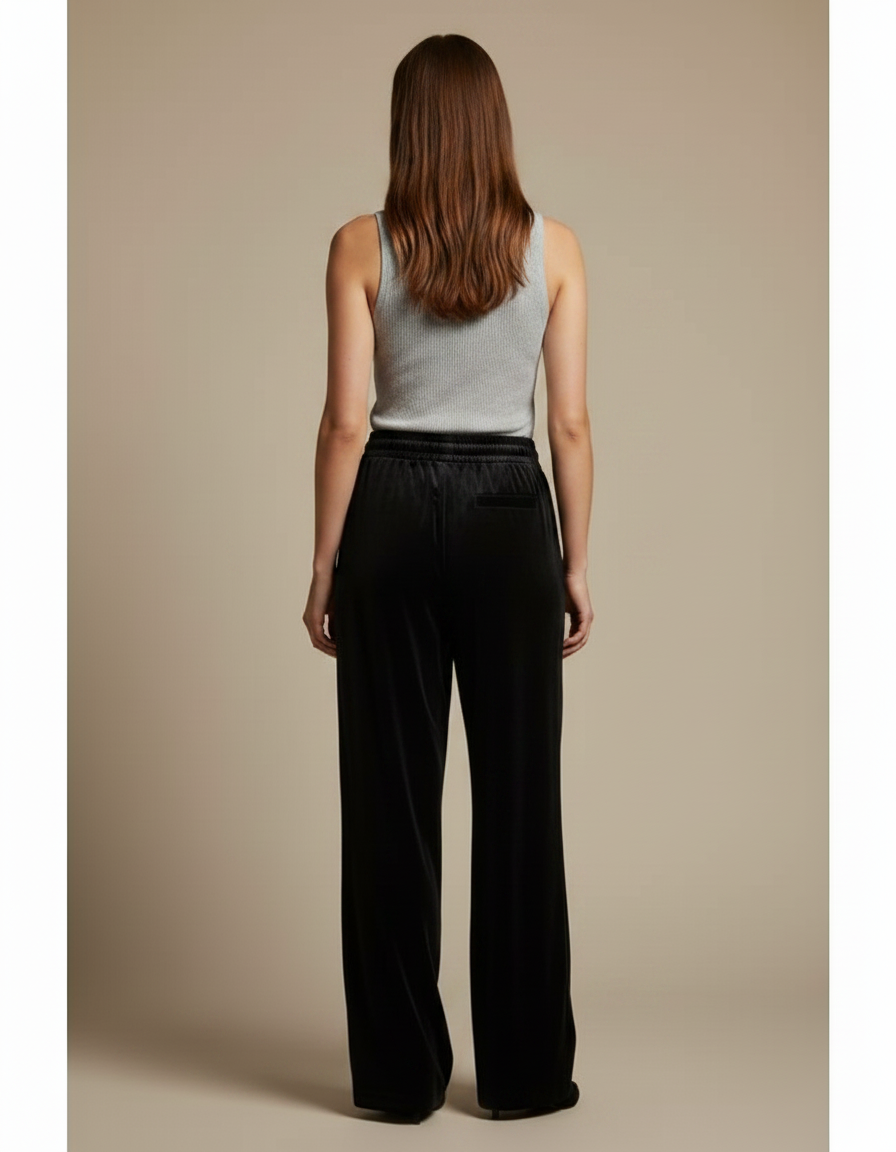 Pantalon Velours Noir Ample Femme Cordon Décontracté - vue 2