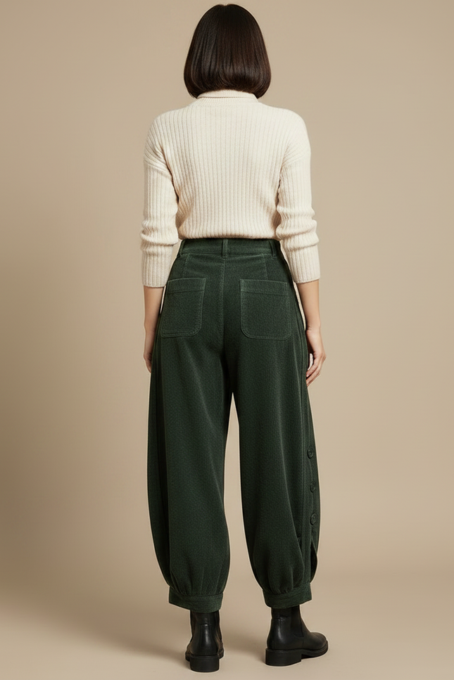 Pantalon Velours Côtelé Vert Ample Harem Boutons - Cordé - vue 2